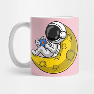 Cute Astronaut Reading Book On Moon Cartoon Mug